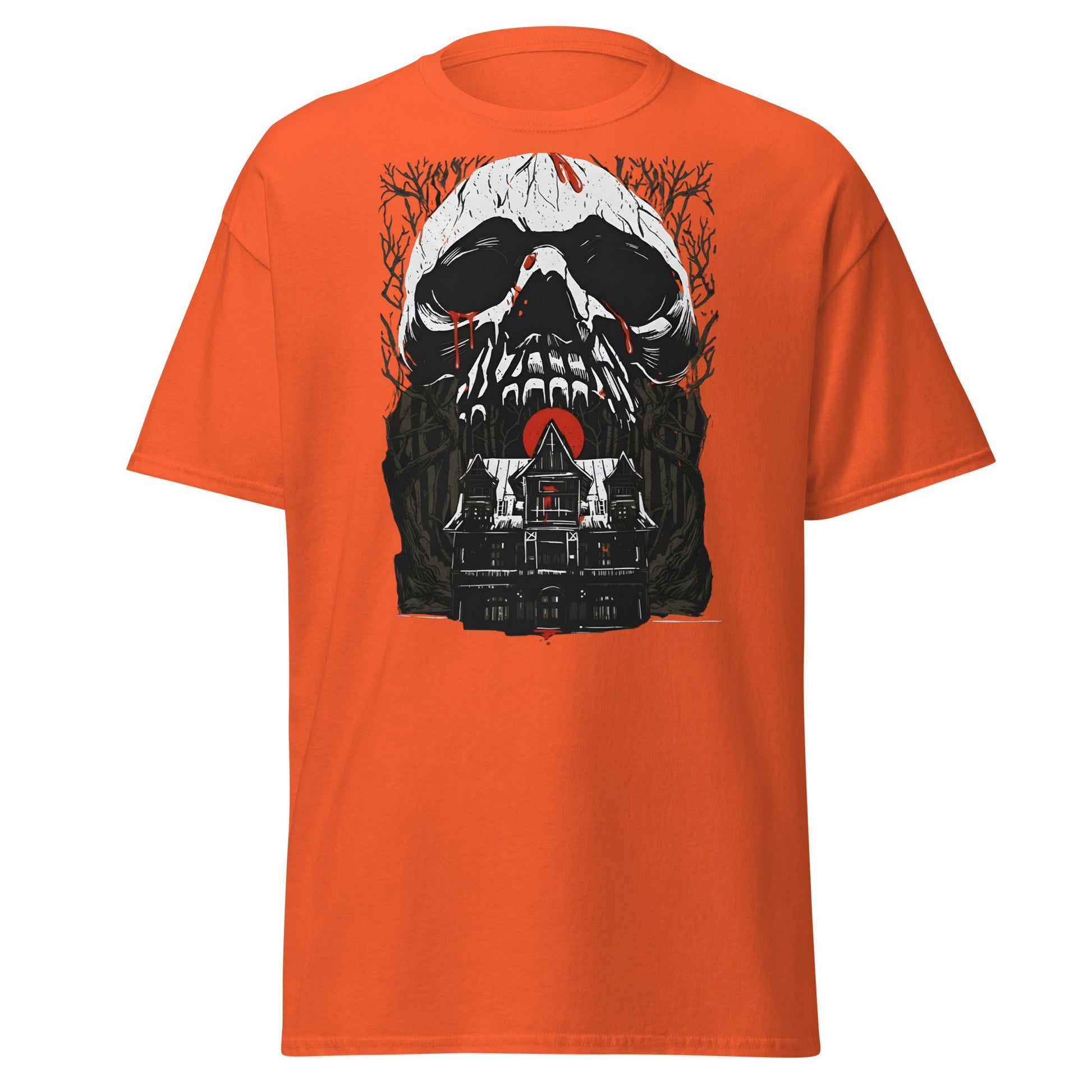 Haunted Mansion Skull T-Shirt – Gothic Horror House Tee - Orange - T-Shirts Online