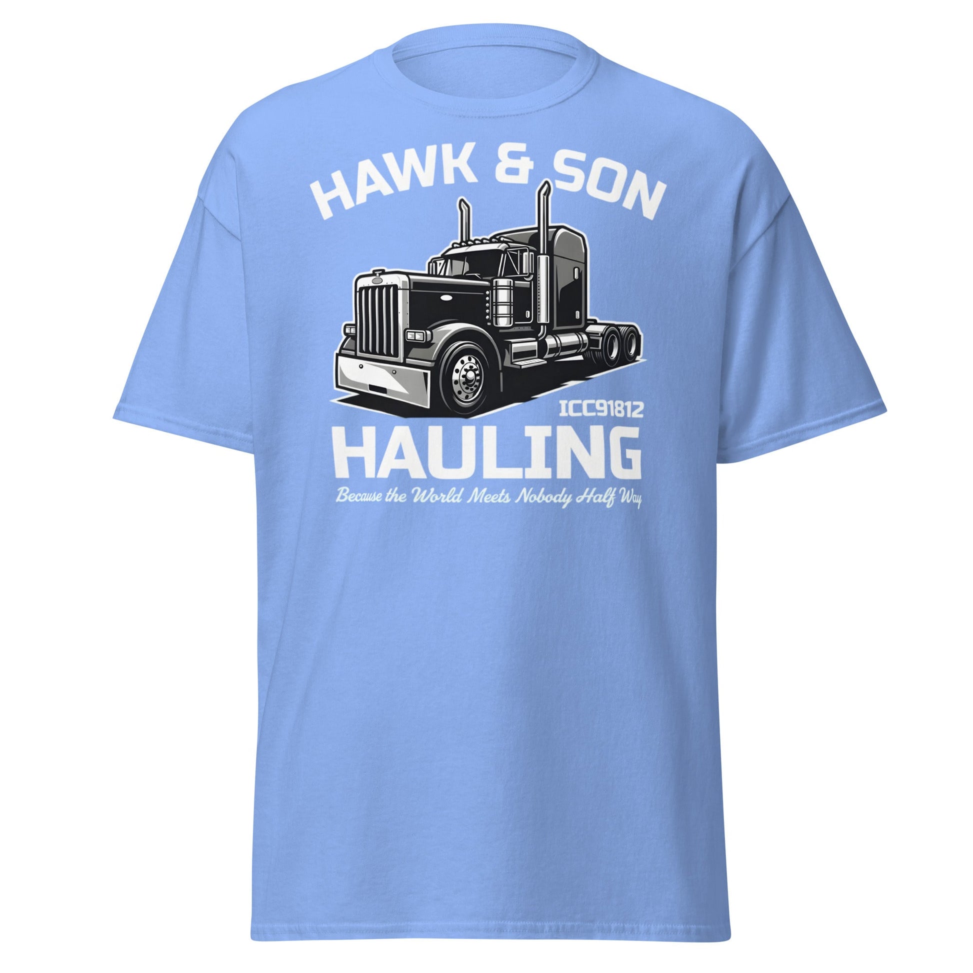 Hawk & Son Hauling Retro Semi - Truck Graphic T-Shirt - Carolina Blue - T-Shirts Online