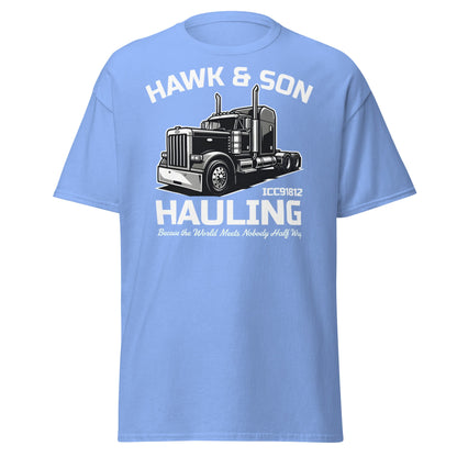 Hawk & Son Hauling Retro Semi - Truck Graphic T-Shirt - Carolina Blue - T-Shirts Online