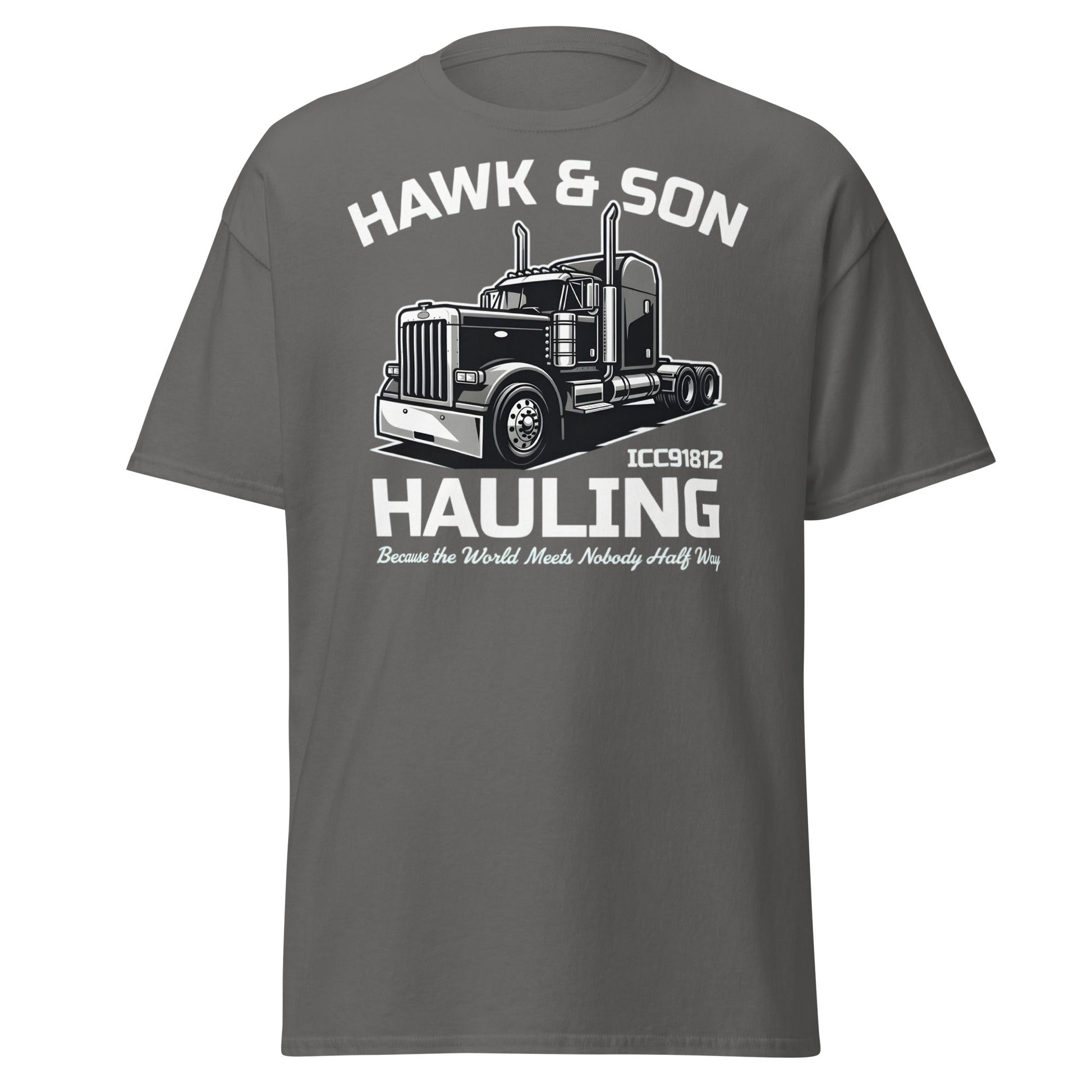 Hawk & Son Hauling Retro Semi - Truck Graphic T-Shirt - Charcoal - T-Shirts Online
