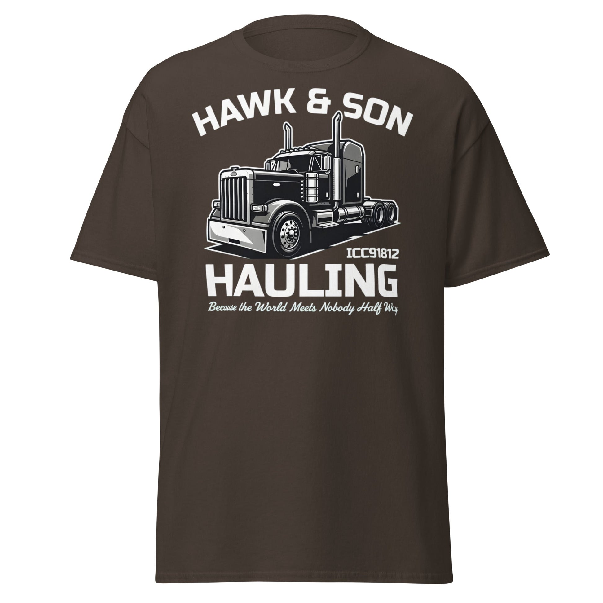 Hawk & Son Hauling Retro Semi - Truck Graphic T-Shirt - Dark Chocolate - T-Shirts Online