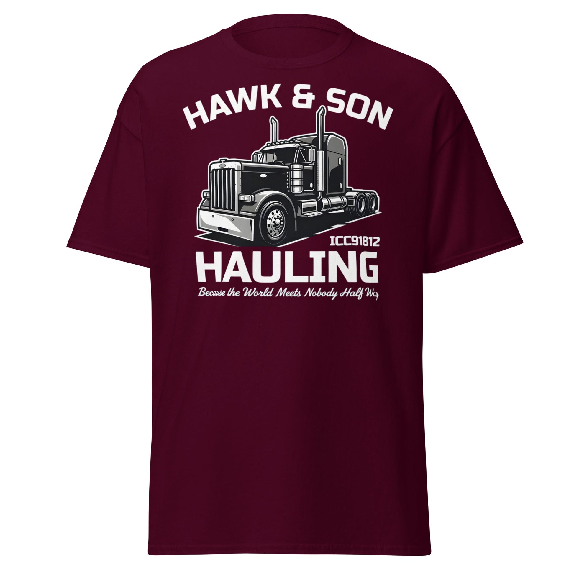 Hawk & Son Hauling Retro Semi - Truck Graphic T-Shirt - Maroon - T-Shirts Online