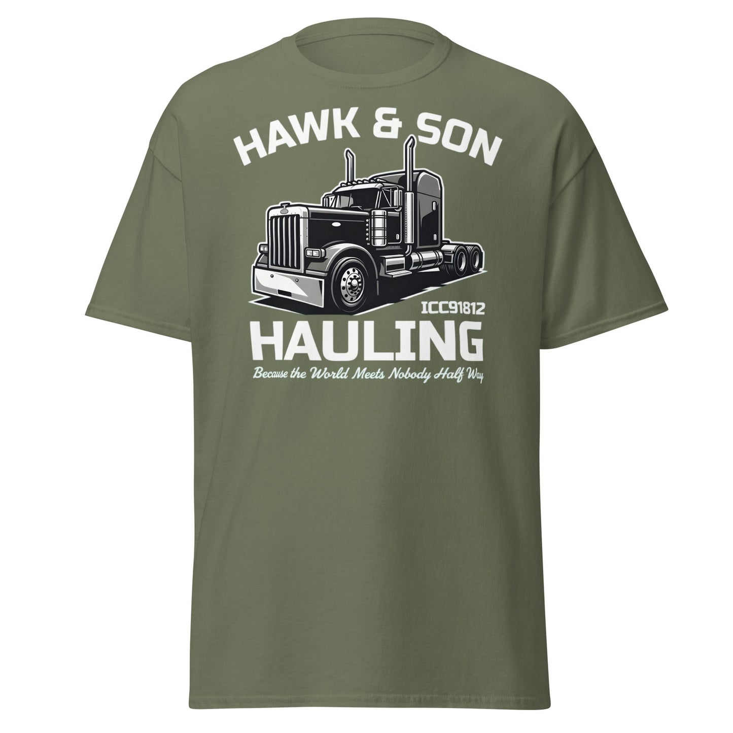 Hawk & Son Hauling Retro Semi - Truck Graphic T-Shirt - Military Green - T-Shirts Online