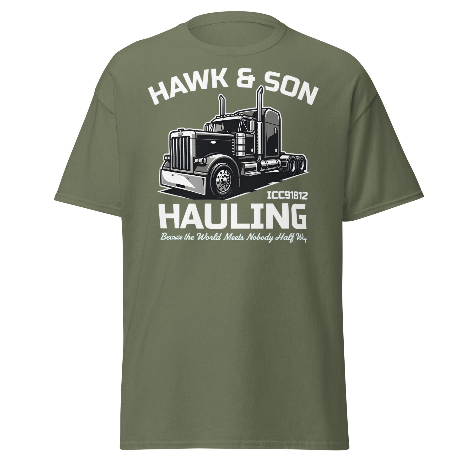 Hawk & Son Hauling Retro Semi - Truck Graphic T-Shirt - Military Green - T-Shirts Online
