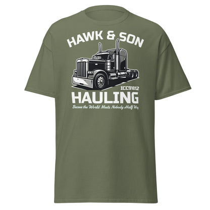 Hawk & Son Hauling Retro Semi - Truck Graphic T-Shirt - Military Green - T-Shirts Online