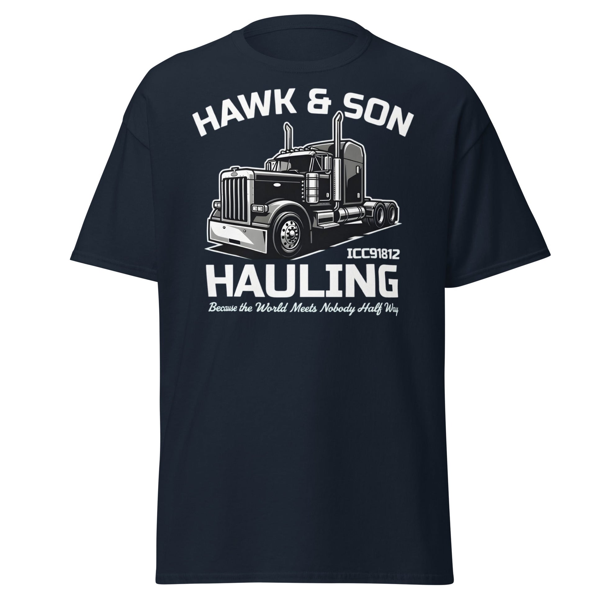 Hawk & Son Hauling Retro Semi - Truck Graphic T-Shirt - Navy - T-Shirts Online
