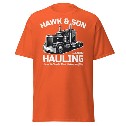 Hawk & Son Hauling Retro Semi - Truck Graphic T-Shirt - Orange - T-Shirts Online