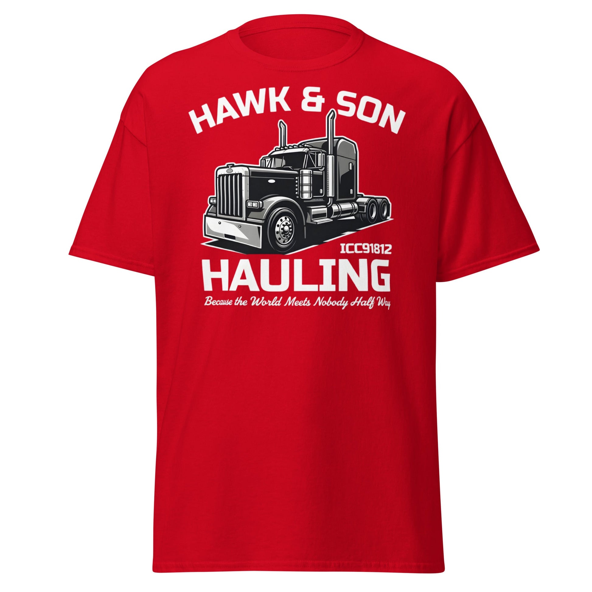 Hawk & Son Hauling Retro Semi - Truck Graphic T-Shirt - Red - T-Shirts Online