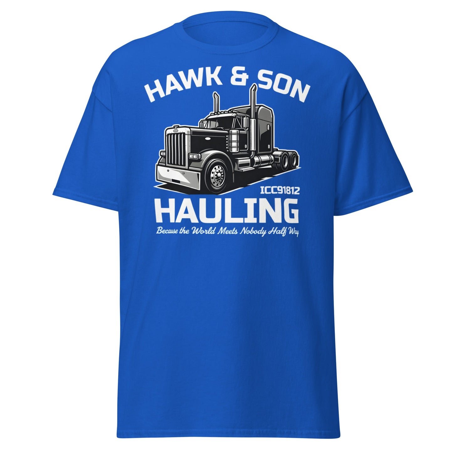 Hawk & Son Hauling Retro Semi - Truck Graphic T-Shirt - Royal - T-Shirts Online