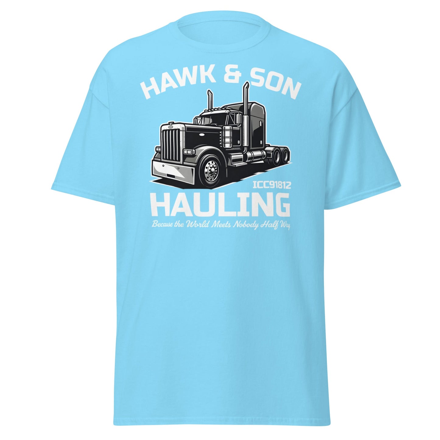 Hawk & Son Hauling Retro Semi - Truck Graphic T-Shirt - Sky - T-Shirts Online
