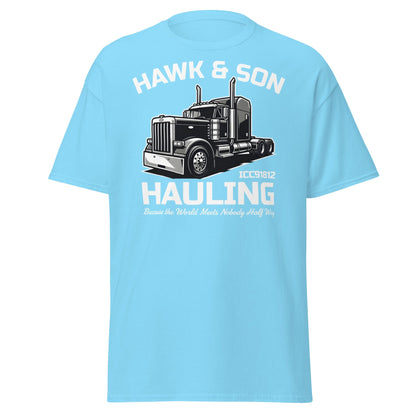 Hawk & Son Hauling Retro Semi - Truck Graphic T-Shirt - Sky - T-Shirts Online