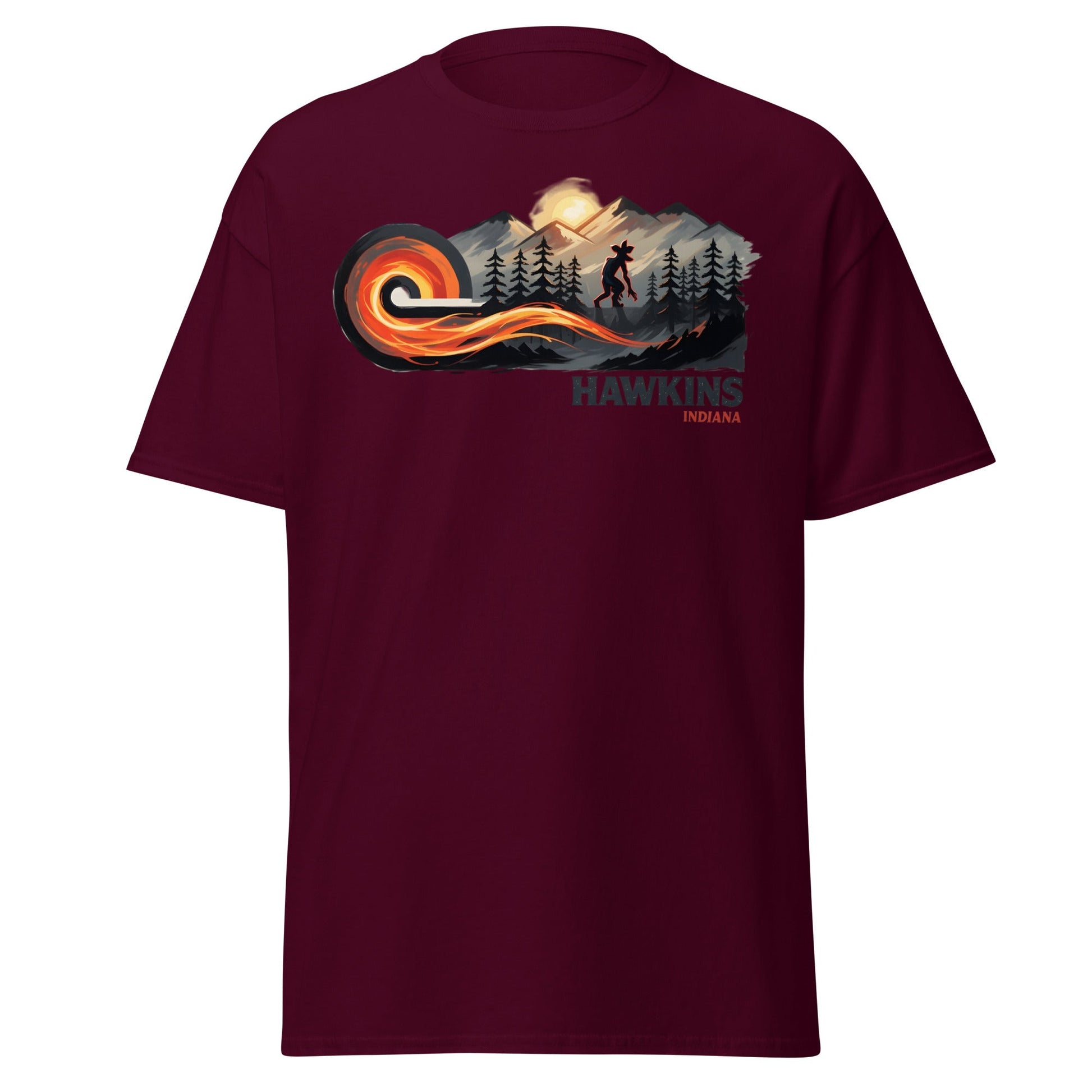 Hawkins Indiana Demogorgon T-Shirt - Stranger Horror Tee - Maroon - T-Shirts Online