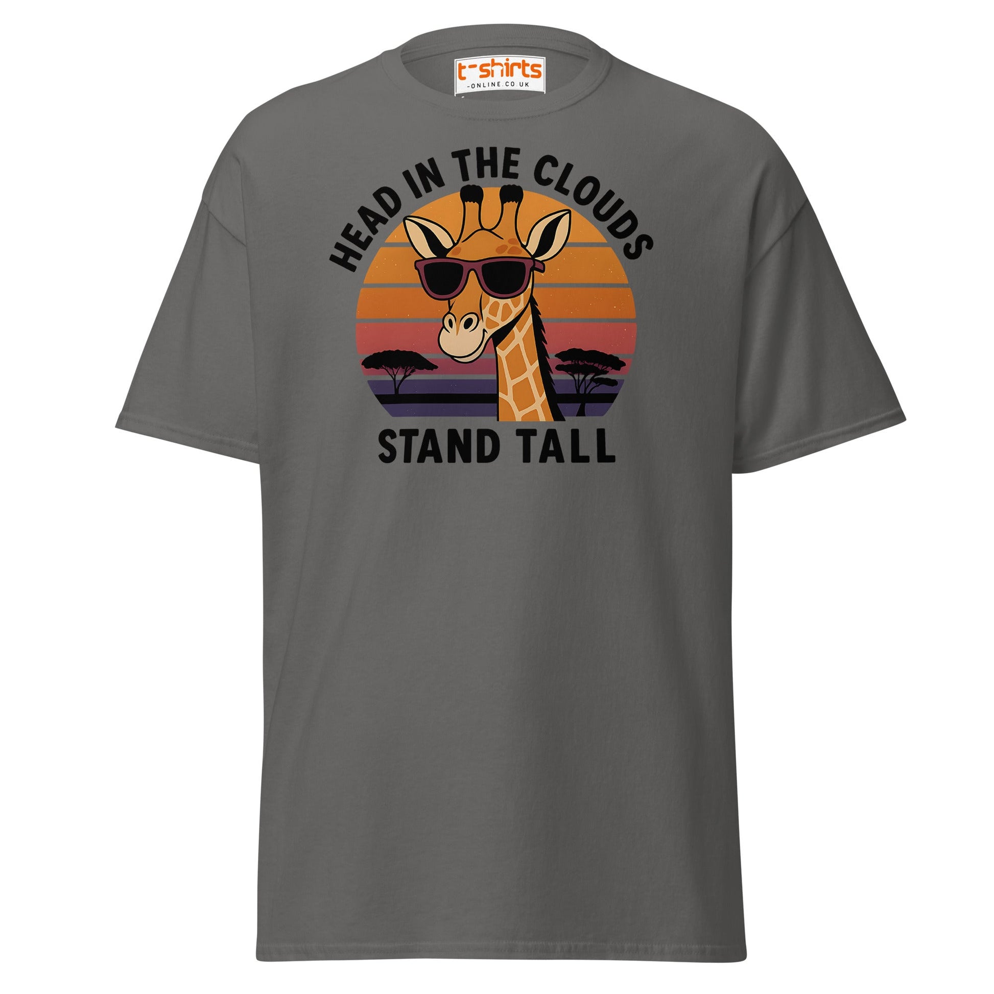 Head in the Clouds Giraffe T-Shirt – Retro Sunset Tee - Charcoal - T-Shirts Online