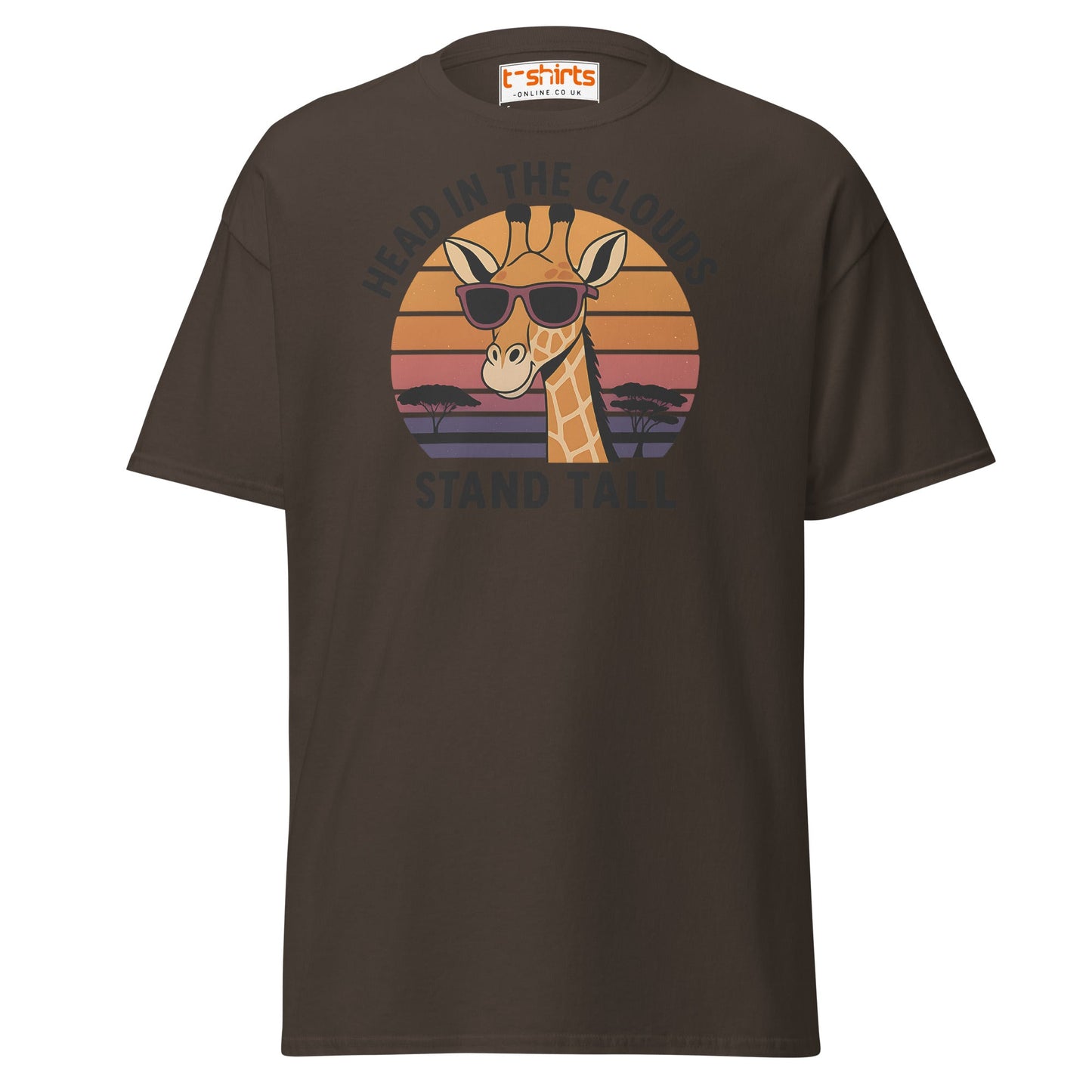 Head in the Clouds Giraffe T-Shirt – Retro Sunset Tee - Dark Chocolate - T-Shirts Online