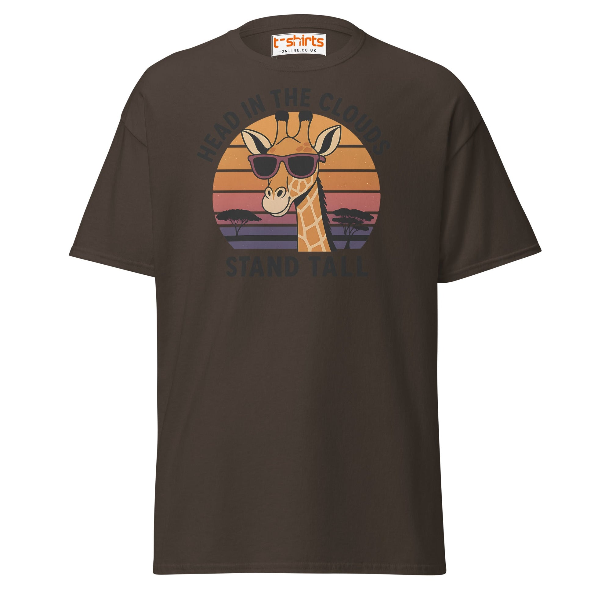 Head in the Clouds Giraffe T-Shirt – Retro Sunset Tee - Dark Chocolate - T-Shirts Online