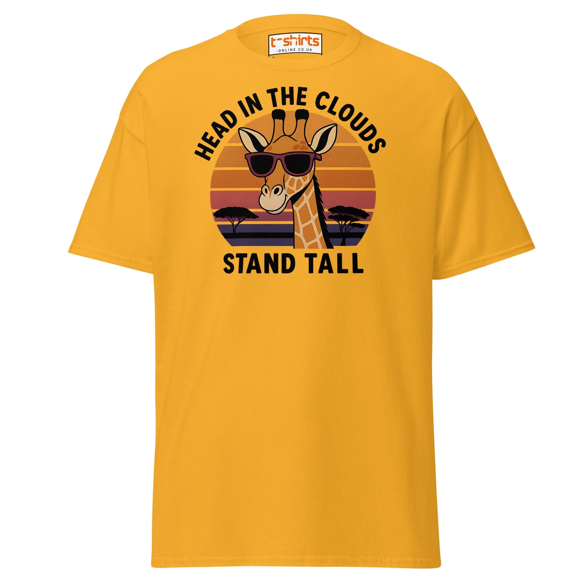 Head in the Clouds Giraffe T-Shirt – Retro Sunset Tee - Gold - T-Shirts Online