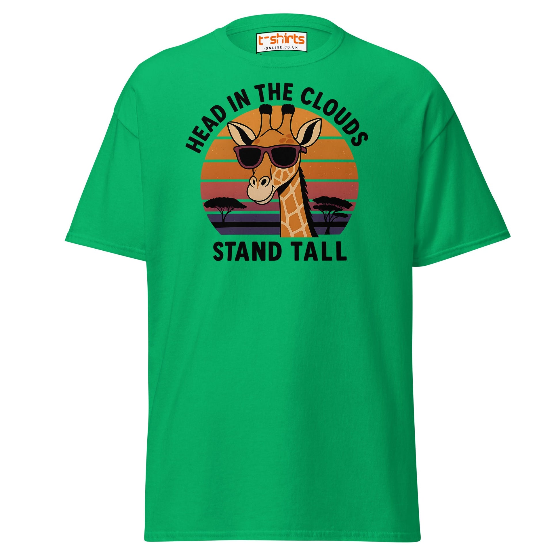 Head in the Clouds Giraffe T-Shirt – Retro Sunset Tee - Irish Green - T-Shirts Online