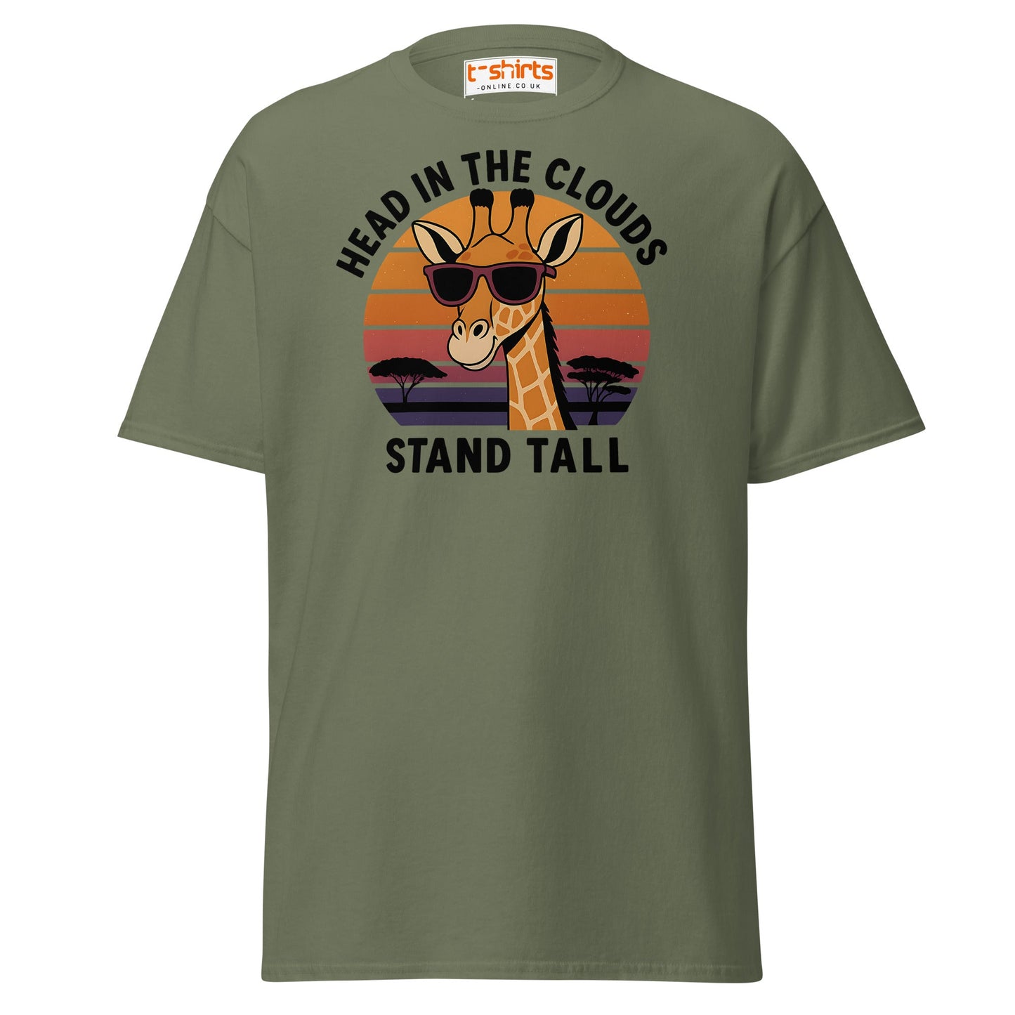 Head in the Clouds Giraffe T-Shirt – Retro Sunset Tee - Military Green - T-Shirts Online