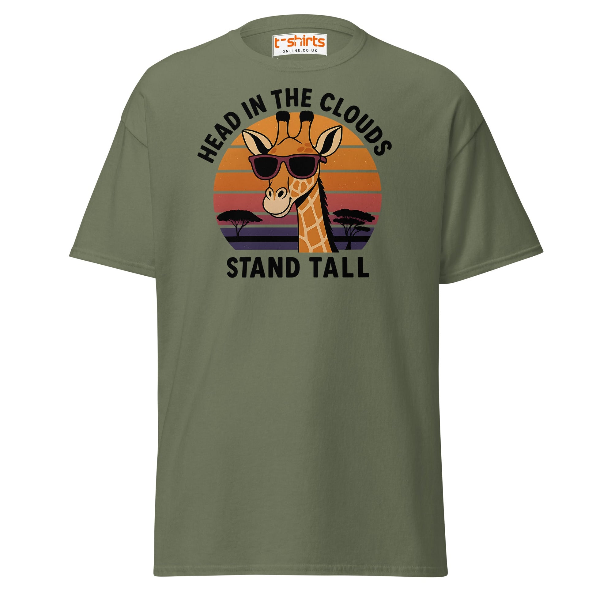 Head in the Clouds Giraffe T-Shirt – Retro Sunset Tee - Military Green - T-Shirts Online