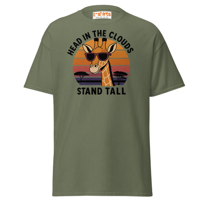 Head in the Clouds Giraffe T-Shirt – Retro Sunset Tee - Military Green - T-Shirts Online