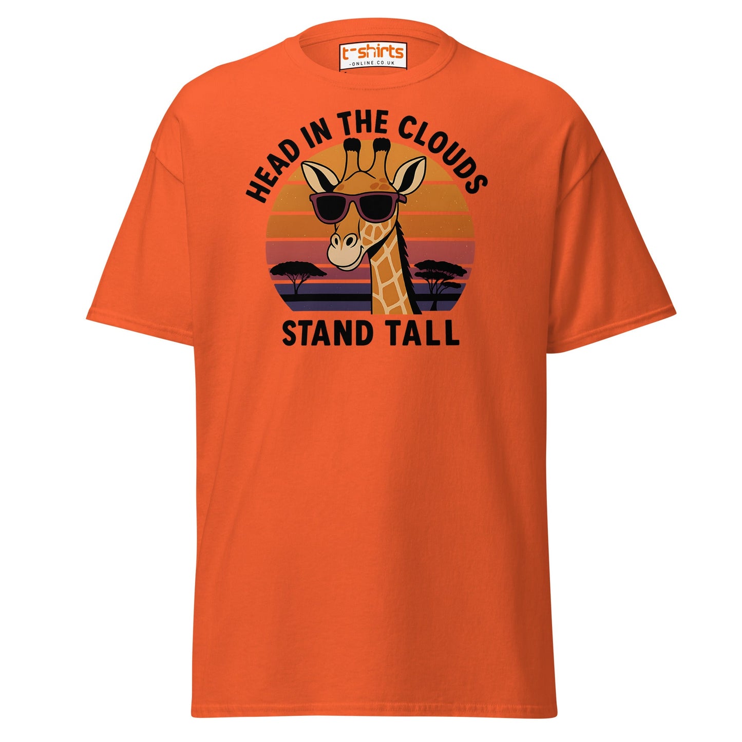 Head in the Clouds Giraffe T-Shirt – Retro Sunset Tee - Orange - T-Shirts Online