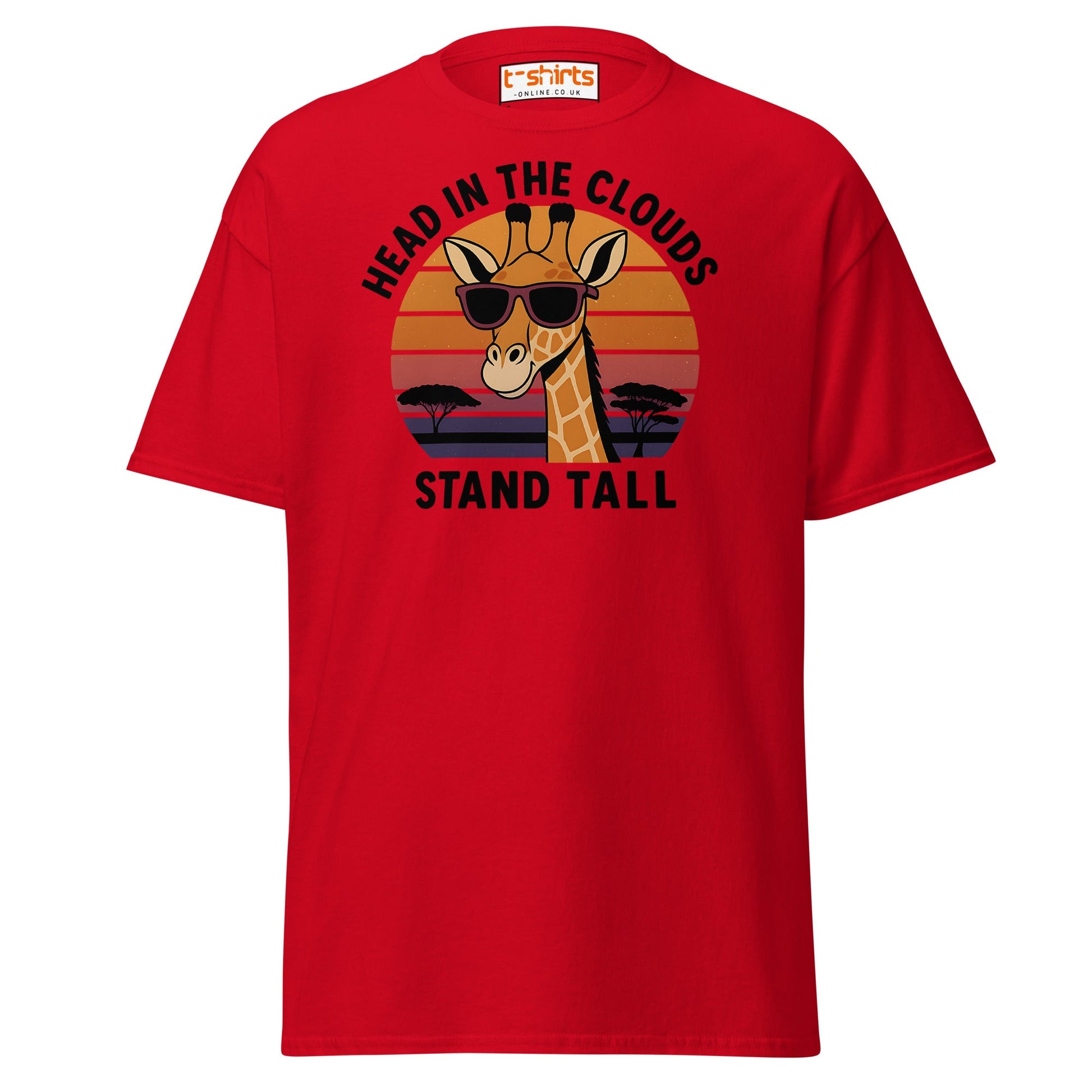 Head in the Clouds Giraffe T-Shirt – Retro Sunset Tee - Red - T-Shirts Online