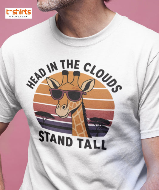 White t-shirt with a giraffe graphic and text on a pink background