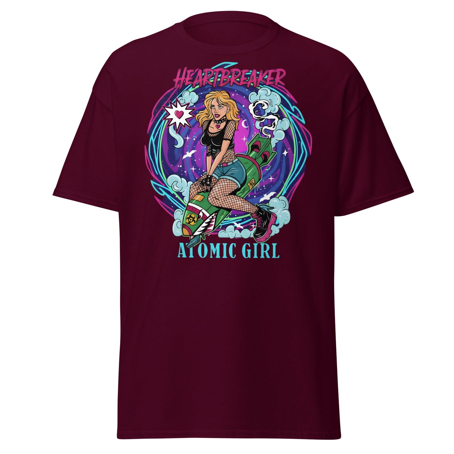 Heartbreaker Atomic Girl T-Shirt | Retro Punk Bombshell Tee - Maroon - T-Shirts Online