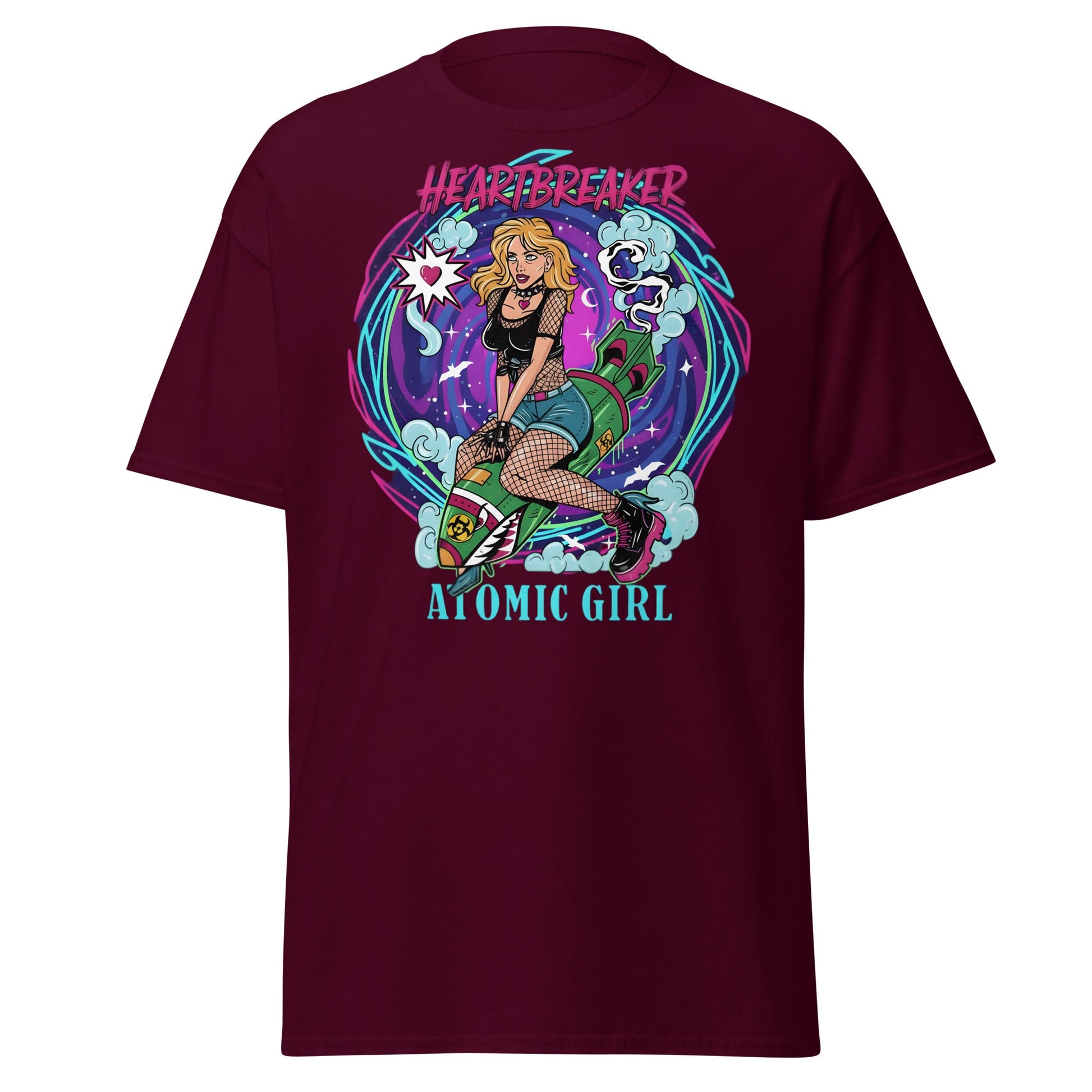Heartbreaker Atomic Girl T-Shirt | Retro Punk Bombshell Tee - Maroon - T-Shirts Online