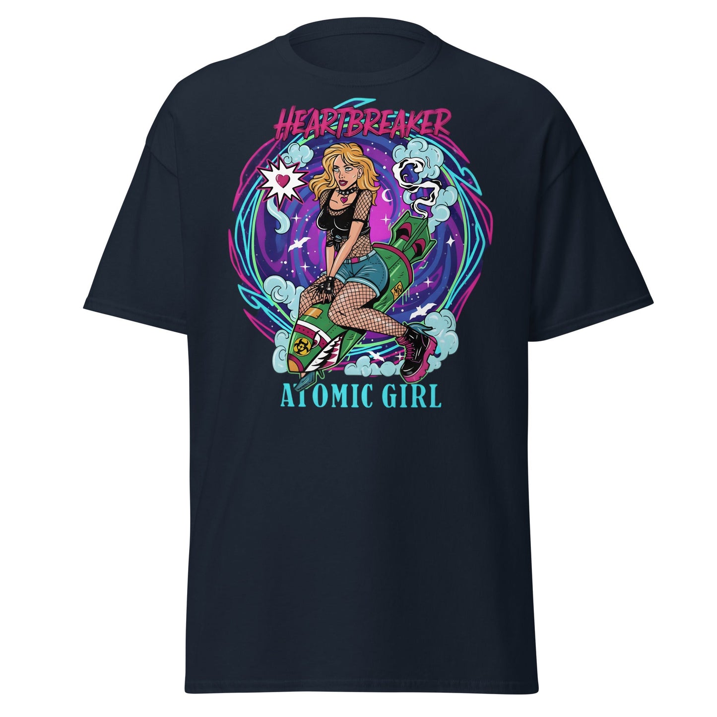 Heartbreaker Atomic Girl T-Shirt | Retro Punk Bombshell Tee - Navy - T-Shirts Online