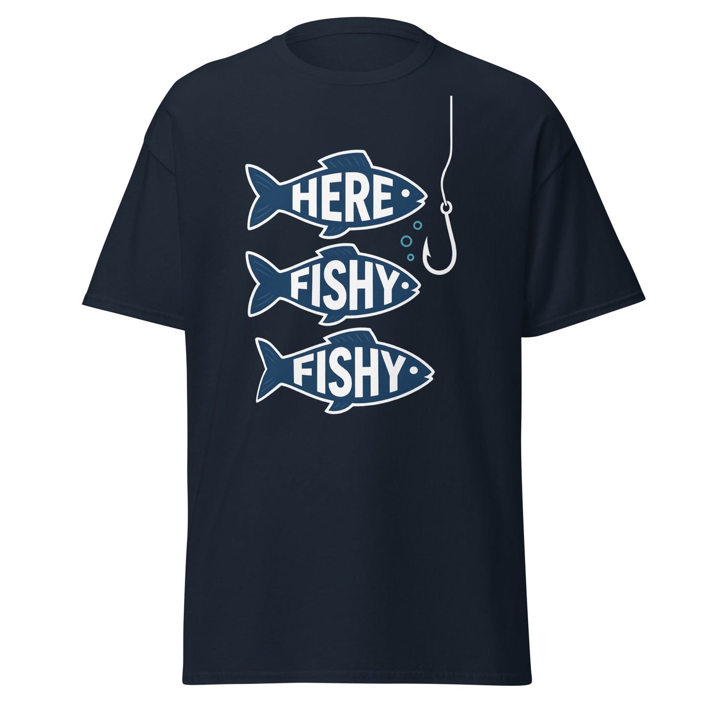 Here Fishy Fishy T-Shirt – Funny Fishing Graphic Tee - Navy - T-Shirts Online