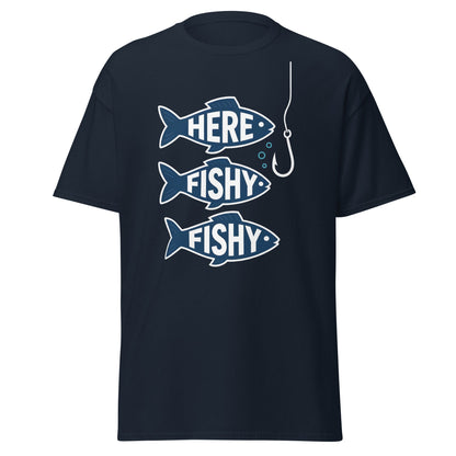Here Fishy Fishy T-Shirt – Funny Fishing Graphic Tee - Navy - T-Shirts Online