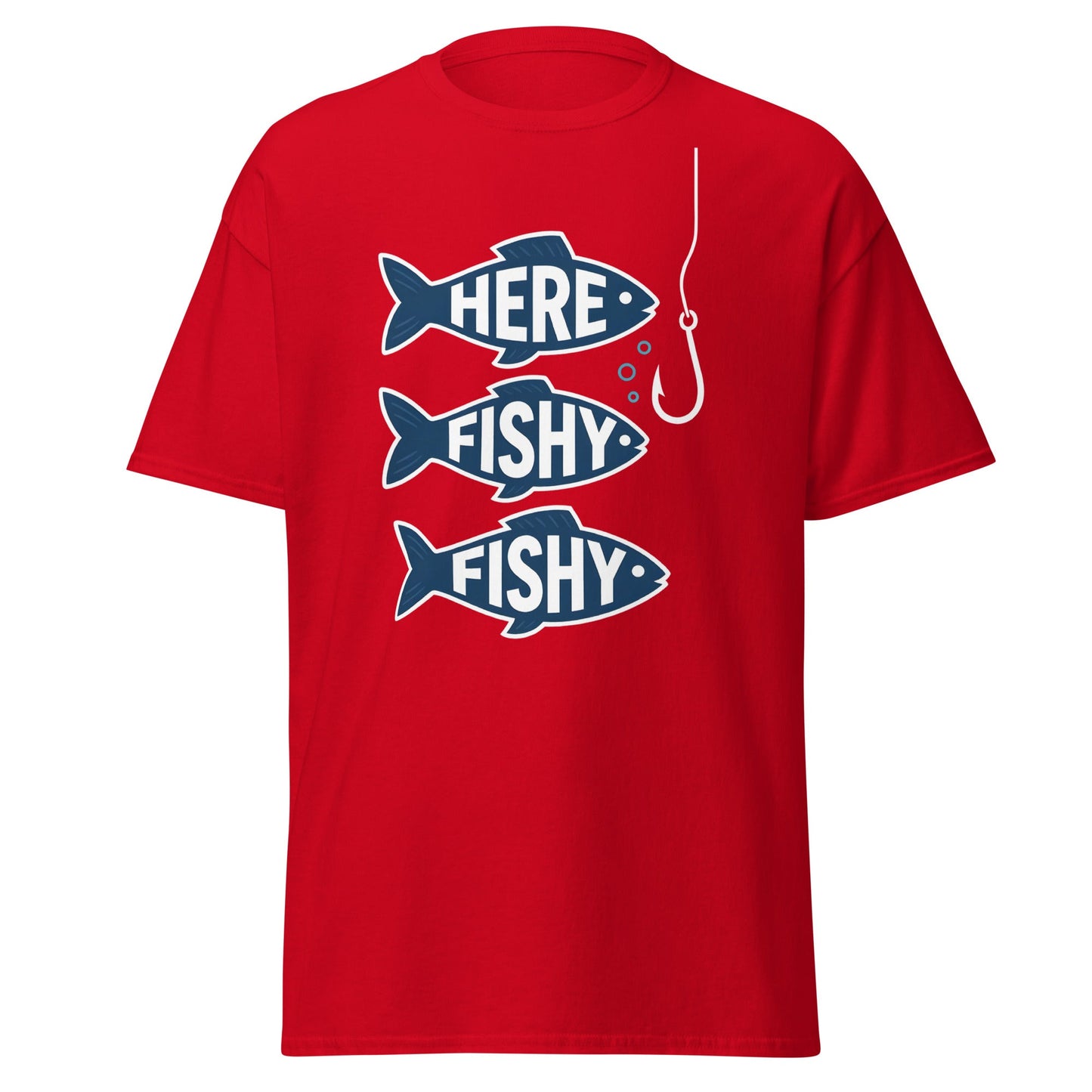 Here Fishy Fishy T-Shirt – Funny Fishing Graphic Tee - Red - T-Shirts Online