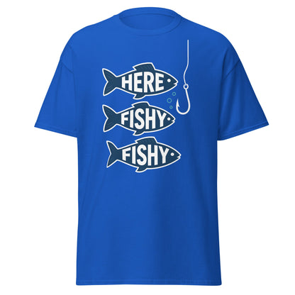 Here Fishy Fishy T-Shirt – Funny Fishing Graphic Tee - Royal - T-Shirts Online