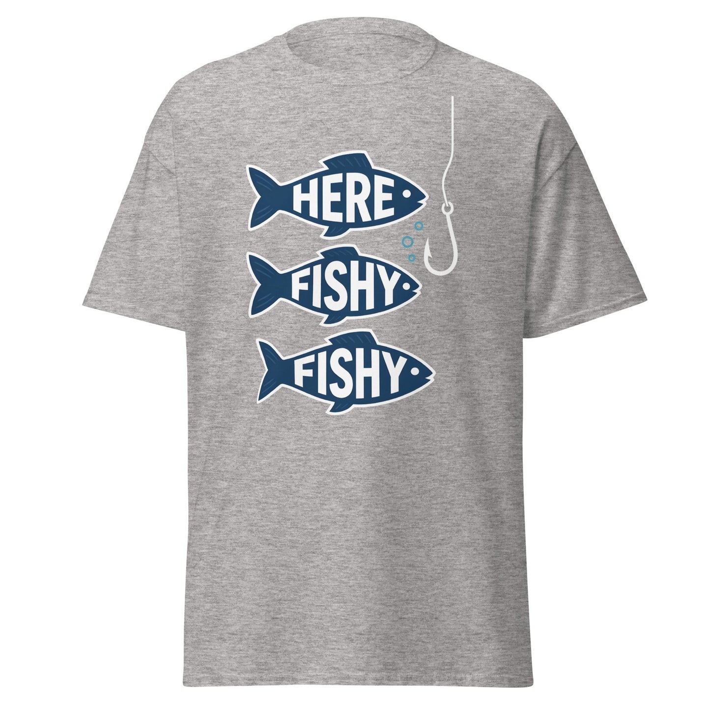 Here Fishy Fishy T-Shirt – Funny Fishing Graphic Tee - Sport Grey - T-Shirts Online
