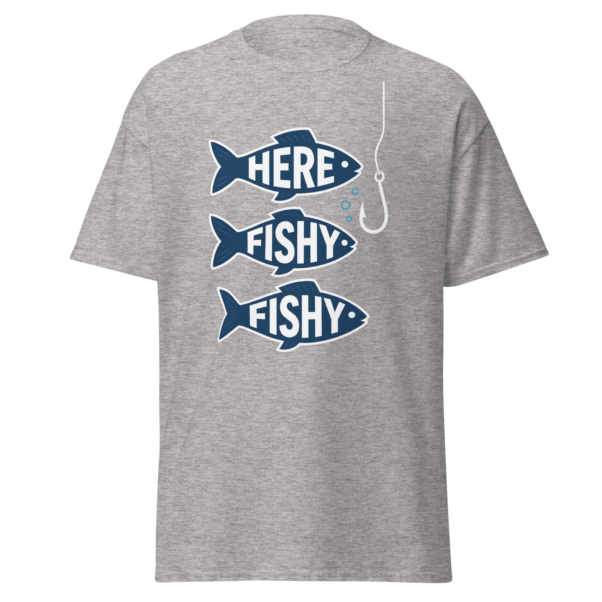 Here Fishy Fishy T-Shirt – Funny Fishing Graphic Tee - Sport Grey - T-Shirts Online