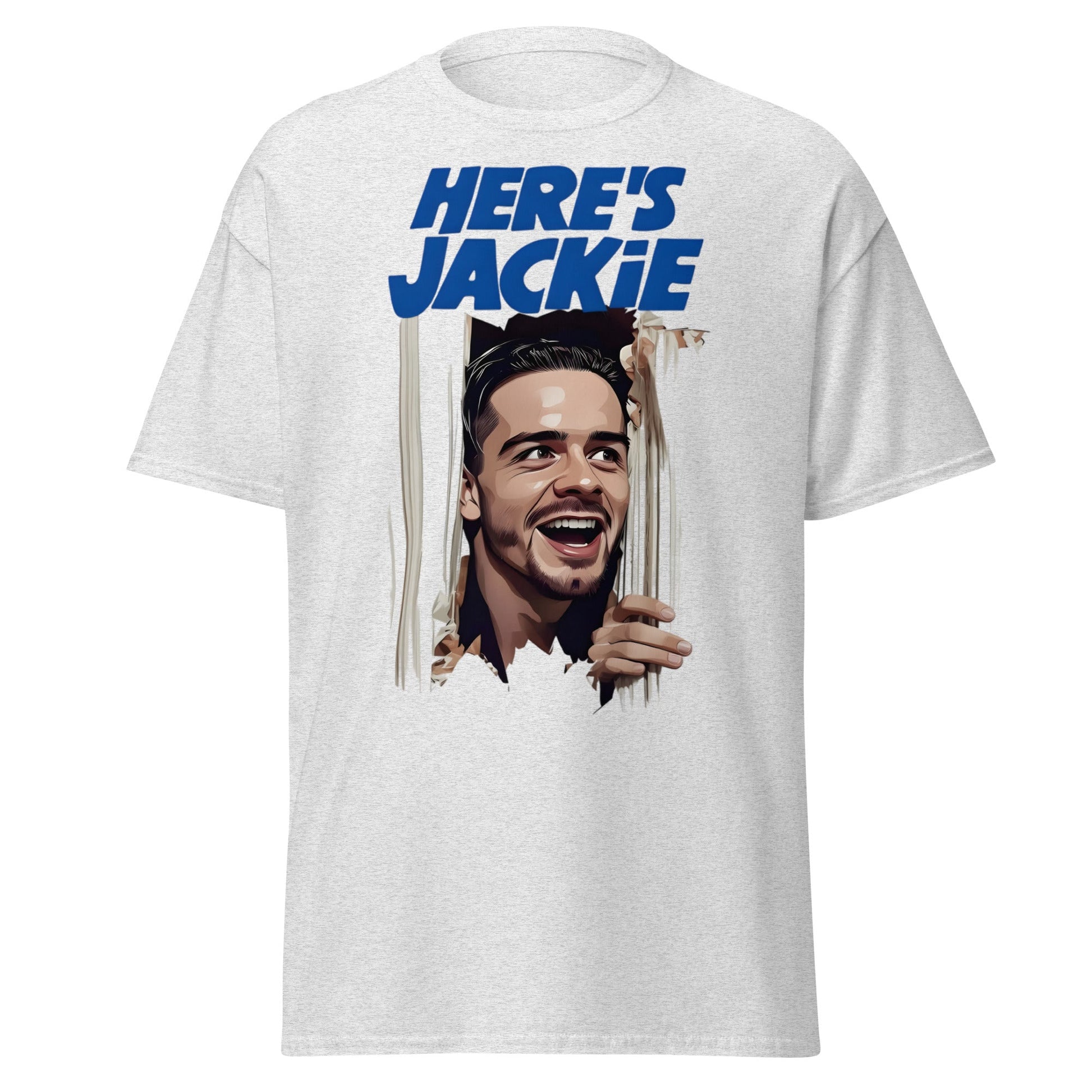 Here's Jackie T-Shirt | Jack Grealish The Shining Parody Tee - Ash - T-Shirts Online
