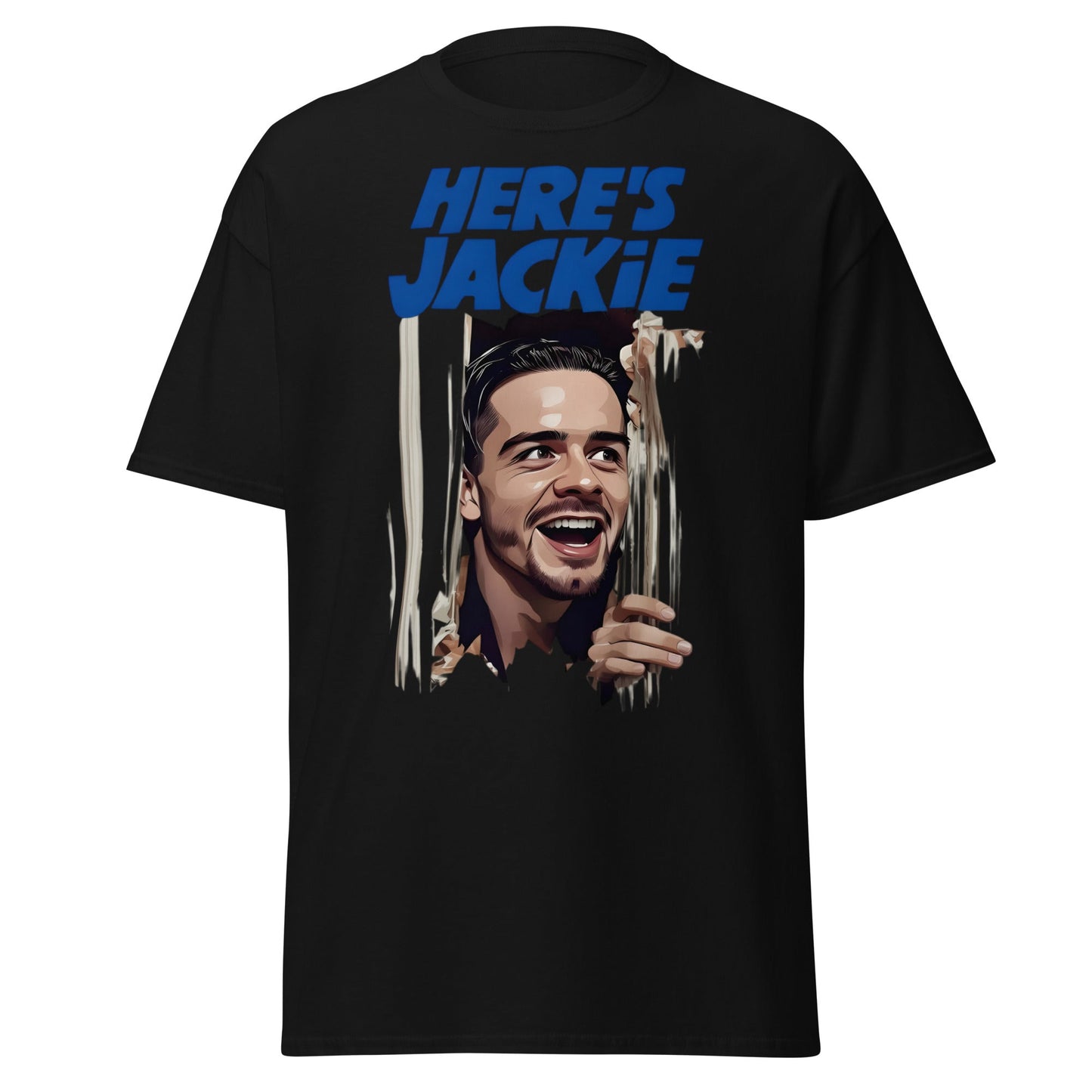 Here's Jackie T-Shirt | Jack Grealish The Shining Parody Tee - Black - T-Shirts Online