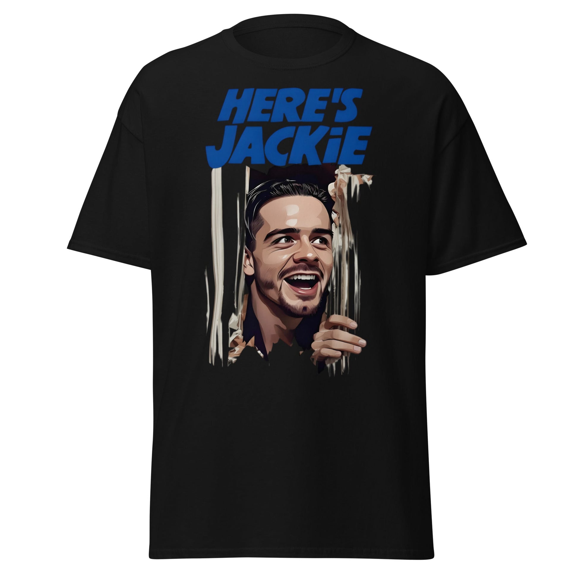 Here's Jackie T-Shirt | Jack Grealish The Shining Parody Tee - Black - T-Shirts Online