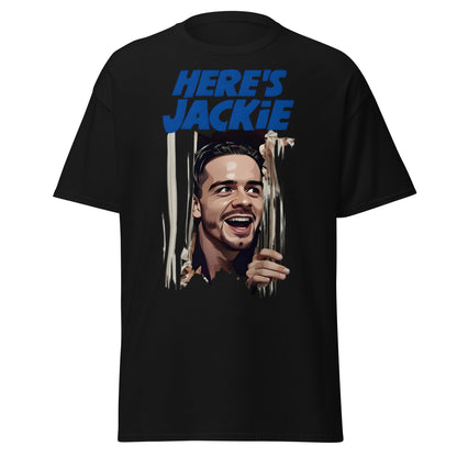 Here's Jackie T-Shirt | Jack Grealish The Shining Parody Tee - Black - T-Shirts Online