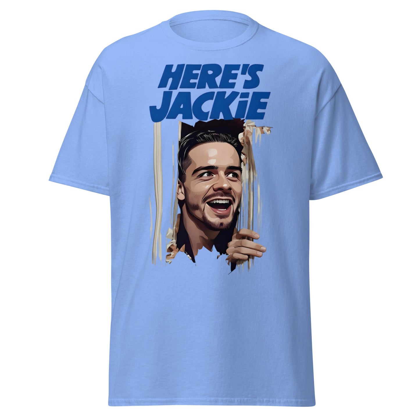 Here's Jackie T-Shirt | Jack Grealish The Shining Parody Tee - Carolina Blue - T-Shirts Online