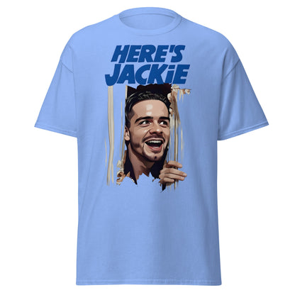 Here's Jackie T-Shirt | Jack Grealish The Shining Parody Tee - Carolina Blue - T-Shirts Online