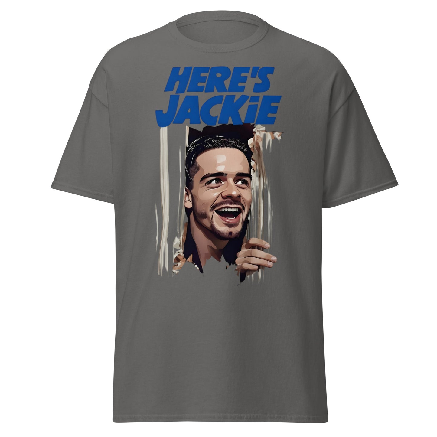 Here's Jackie T-Shirt | Jack Grealish The Shining Parody Tee - Charcoal - T-Shirts Online