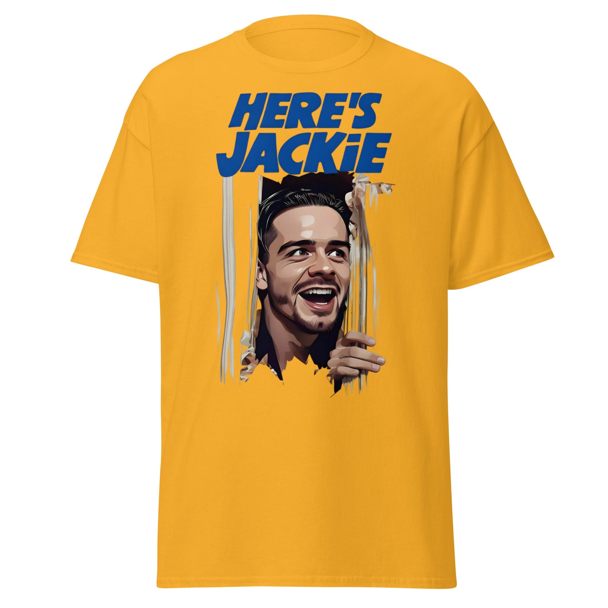 Here's Jackie T-Shirt | Jack Grealish The Shining Parody Tee - Gold - T-Shirts Online