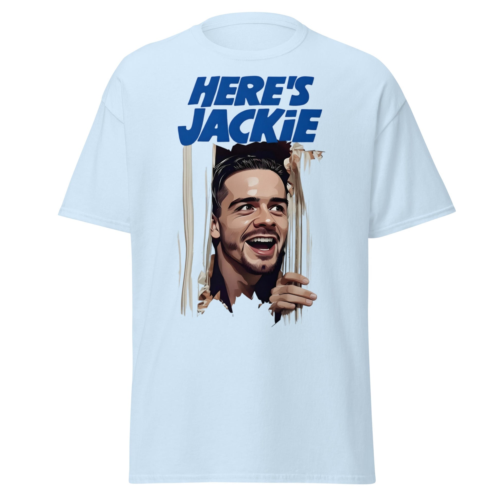 Here's Jackie T-Shirt | Jack Grealish The Shining Parody Tee - Light Blue - T-Shirts Online