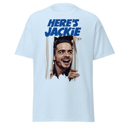 Here's Jackie T-Shirt | Jack Grealish The Shining Parody Tee - Light Blue - T-Shirts Online