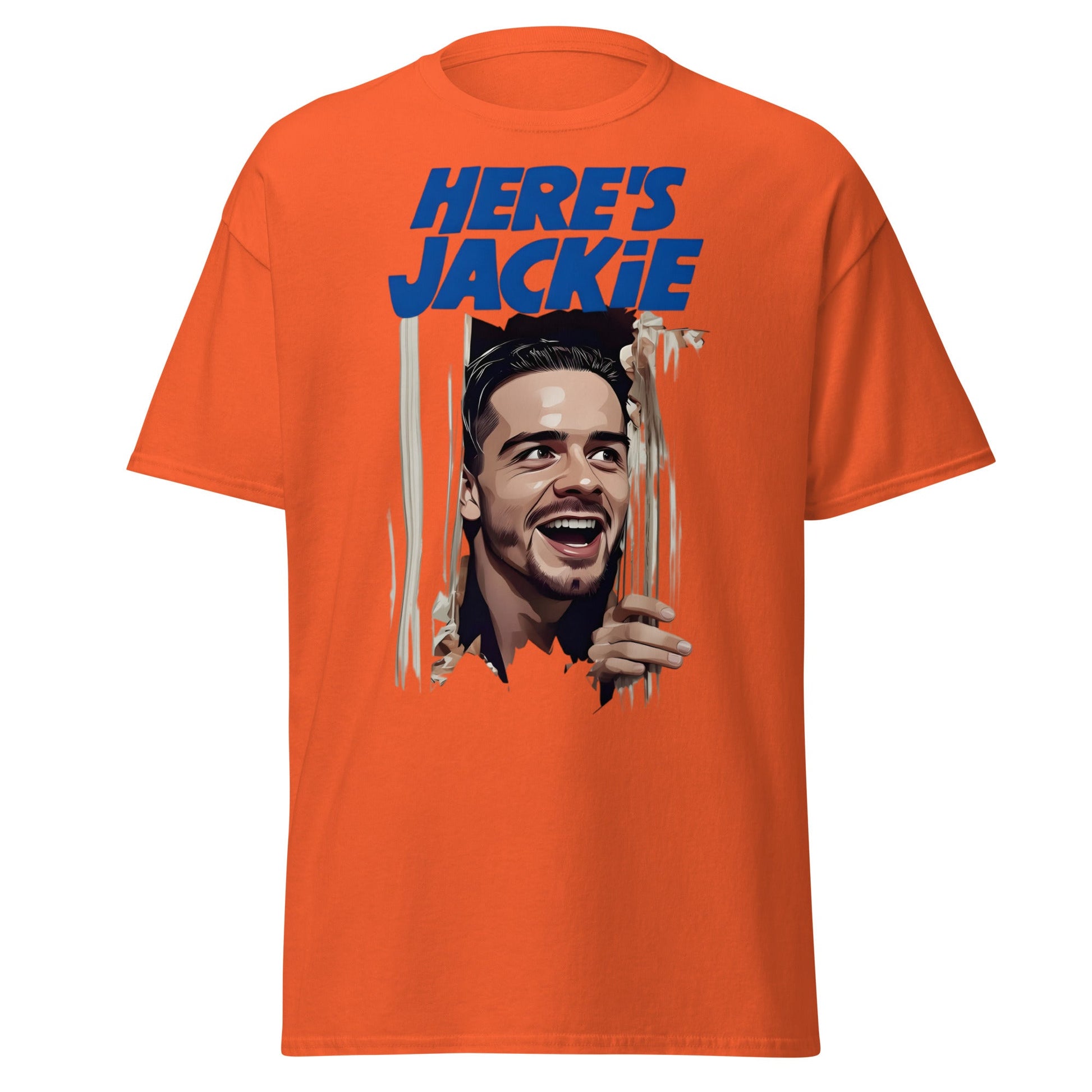 Here's Jackie T-Shirt | Jack Grealish The Shining Parody Tee - Orange - T-Shirts Online