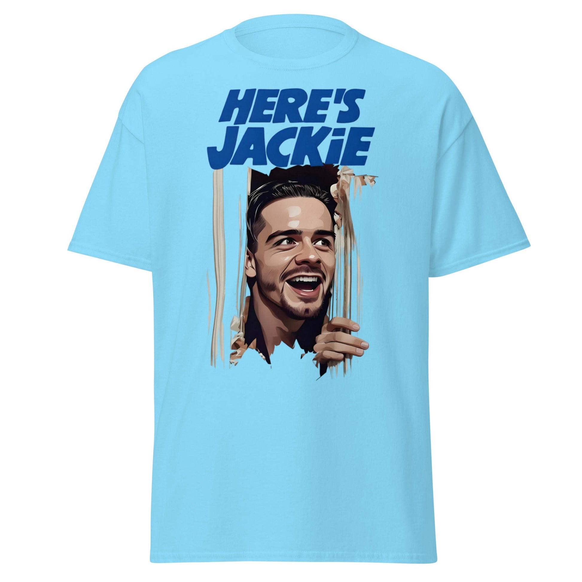 Here's Jackie T-Shirt | Jack Grealish The Shining Parody Tee - Sky - T-Shirts Online