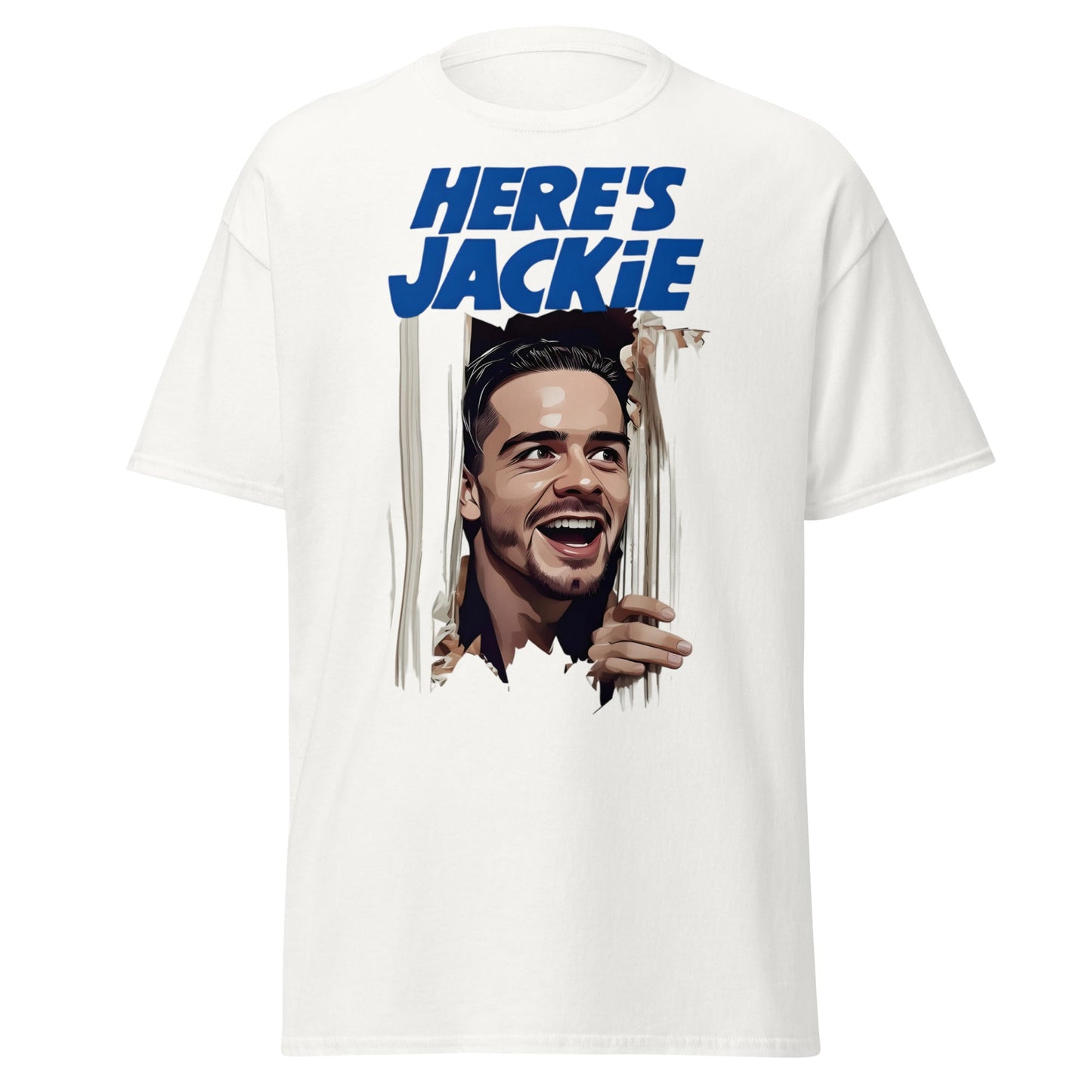 Here's Jackie T-Shirt | Jack Grealish The Shining Parody Tee - White - T-Shirts Online