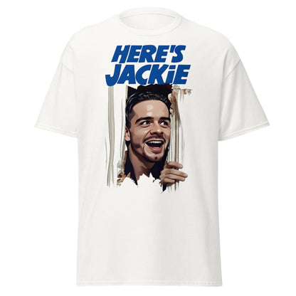 Here's Jackie T-Shirt | Jack Grealish The Shining Parody Tee - White - T-Shirts Online